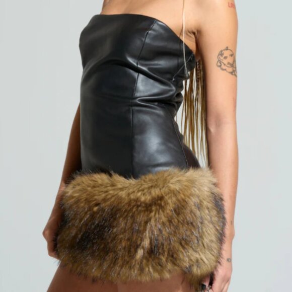 AKIRA BARON PU MINI DRESS WITH FUR TRIM Size MM - Picture 1 of 4